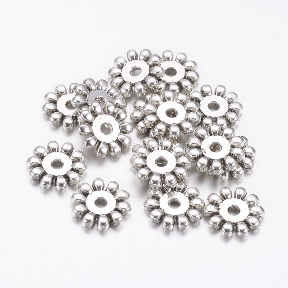 PandaHall Tibetan Style Bead Spacers, Lead Free and Cadmium Free, Snowflake, Christmas, Antique Silver, about 10mm in diameter, 2mm thick...