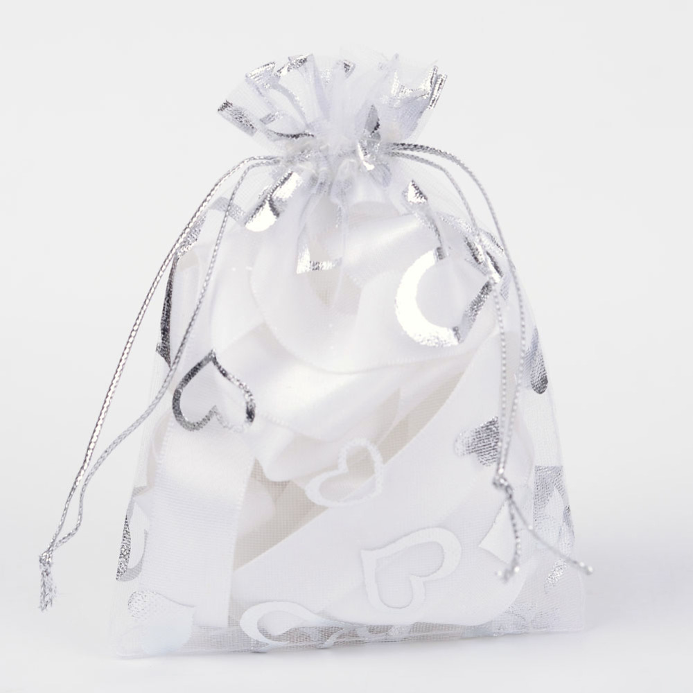 PandaHall Heart Printed Organza Bags, Gift Bags, Rectangle, White, 12x10cm Organza Rectangle White