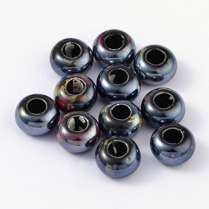 PandaHall Handmade Porcelain Beads, Pearlized, Rondelle, DarkSlateGray, 15x10mm, Hole: 6mm Porcelain Rondelle Gray