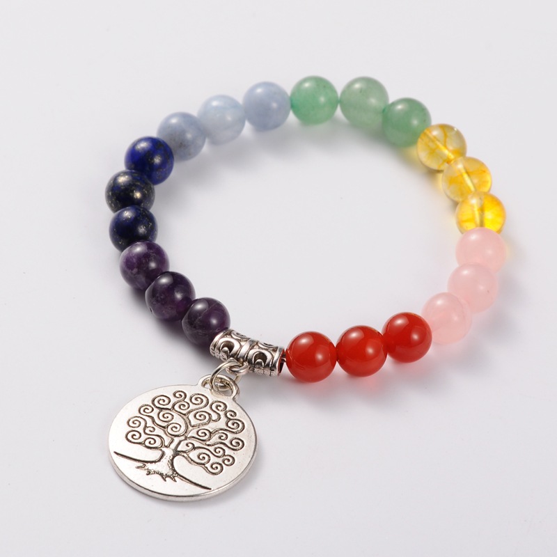 PandaHall Natural Gemstone Stretch Charm Bracelets, with Tibetan Style Tree of Life Pendant, Antique Silver, Colorful, 55mm Gemstone