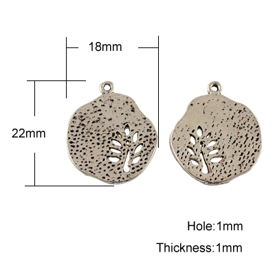 PandaHall Tibetan Style Pendants, Lead Free & Nickel Free, Flat Round with Leaf, Antique Silver, 22x18x1mm, Hole: 1mm Alloy Flat Round