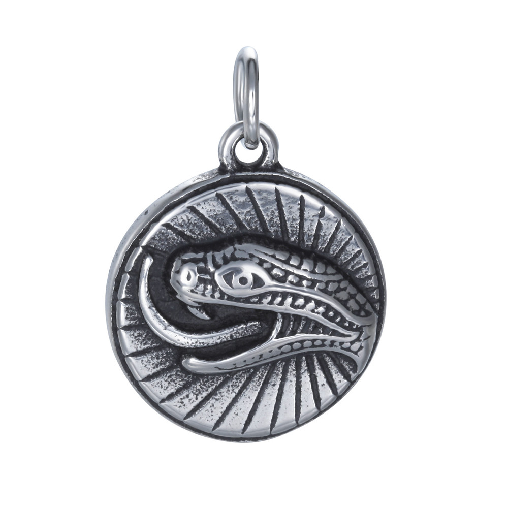 PandaHall 316L Stainless Steel Pendants, Flat Round with Snake Head, Antique Silver, 22.5x19x4.5mm, Hole: 5mm Stainless Steel Flat Round
