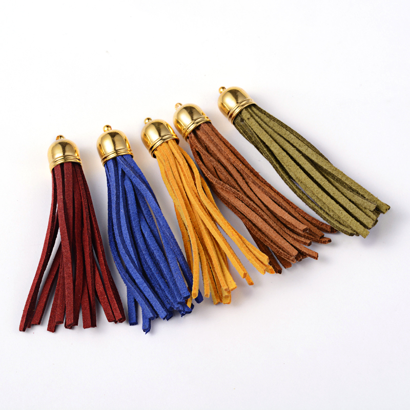 PandaHall Golden Brass Suede Tassels for Cell Phone Straps Making, Mixed Color, 55~65x12mm, Hole: 1.5mm Suede Multicolor