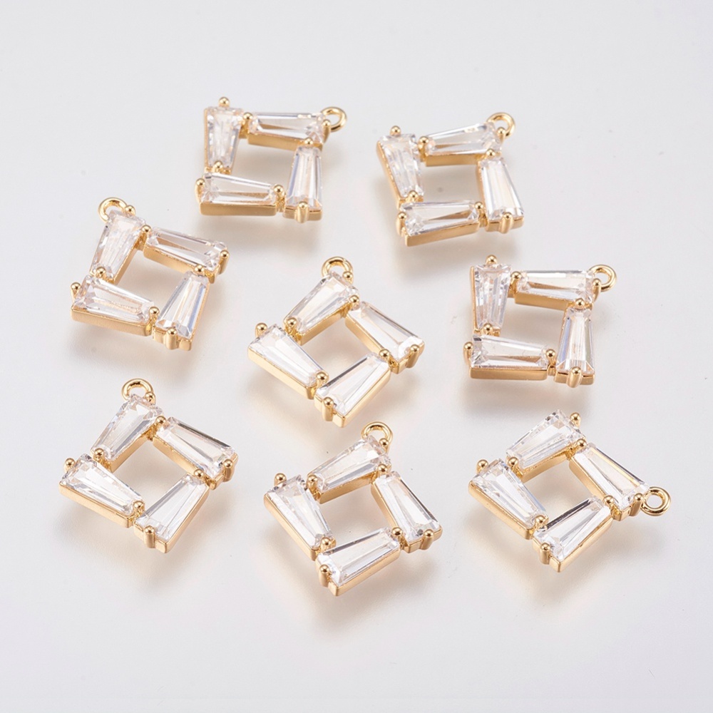 PandaHall Brass Micro Pave Cubic Zirconia Charms, Rhombus, Real Gold Plated, 15.5x14x2.5mm, Hole: 1mm Brass+Cubic Zirconia Rhombus Clear