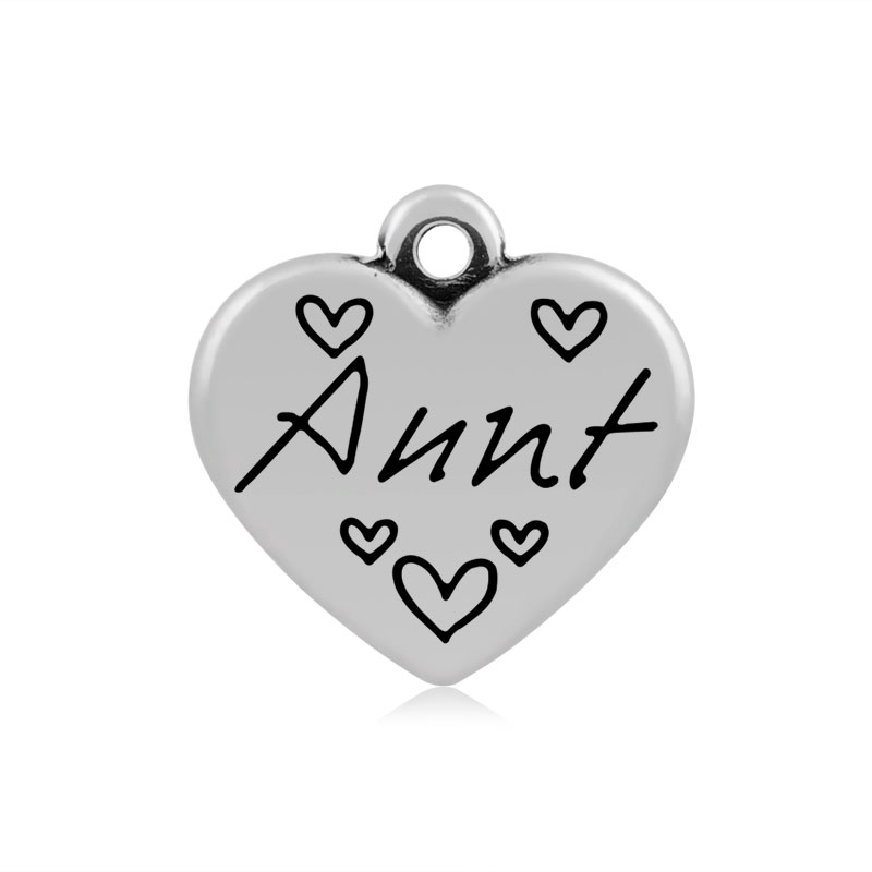 PandaHall Heart with Word Aunt 316 Stainless Steel Pendants, Antique Silver, 16x16.5x4mm, Hole: 2mm Stainless Steel Heart