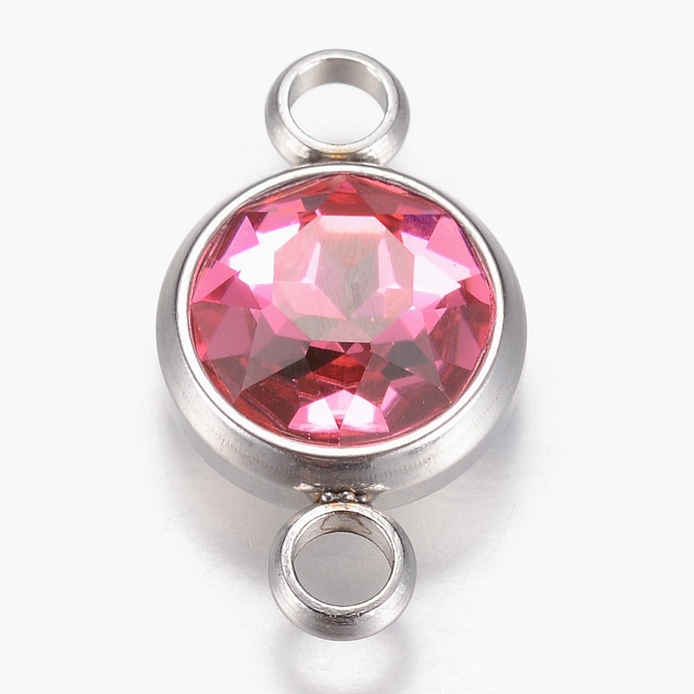 PandaHall Glass Links, Faceted, with 304 Stainless Steel Findings, Flat Round, Stainless Steel Color, Rose, 17.5x10x6.5mm, Hole: 2.5mm Glass...