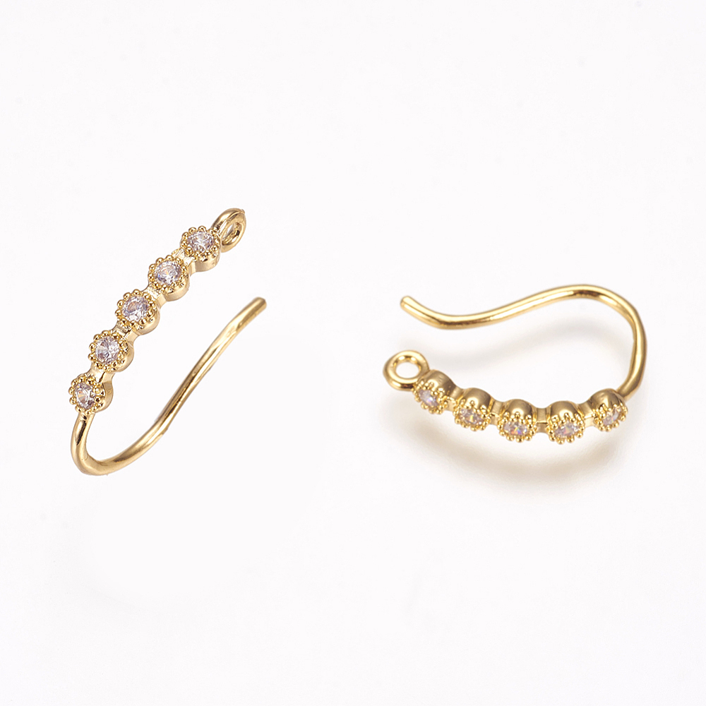 PandaHall Brass Cubic Zirconia Earring Hooks, Real Gold Plated, 16x2x1.5mm, Hole: 1mm; Pin: 0.7mm Brass