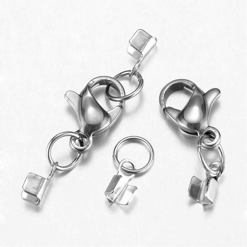 PandaHall 304 Stainless Steel Lobster Claw Clasps, with Cord Ends, Stainless Steel Color, 27mm Stainless Steel Others