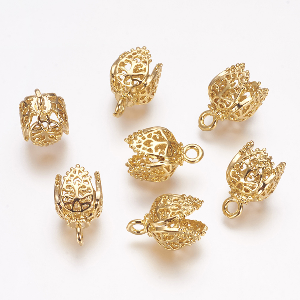 PandaHall Brass Pendants, Leaf Filigree Findings, Real Gold Plated, 16x9.5x9.5mm, Hole: 2mm Brass Leaf