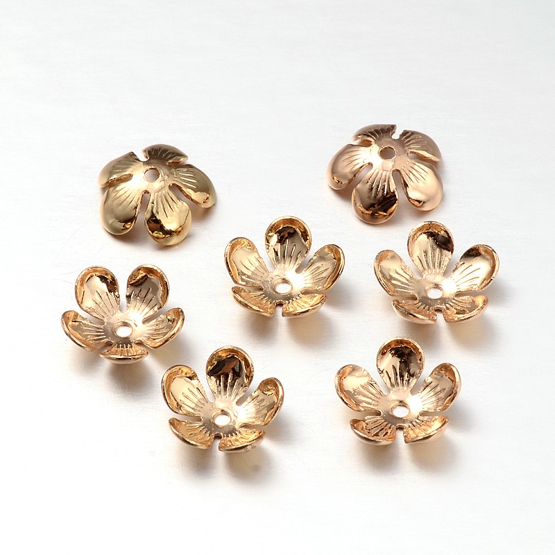 PandaHall Rack Plating 5-Petal Brass Bead Caps, Golden, 11x3mm, Hole: 0.5mm Brass