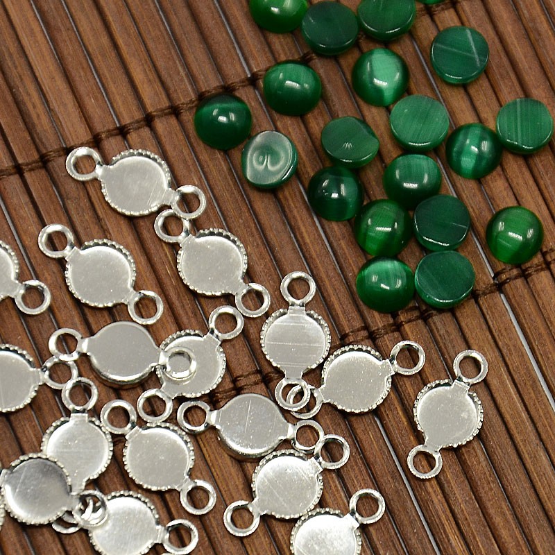 PandaHall 6mm Cat Eye Cabochon & Platinum Brass Cabochon Connector Settings, DarkGreen, Connector: 15x7x3mm, Hole: 2mm Brass+Cat Eye Flat...