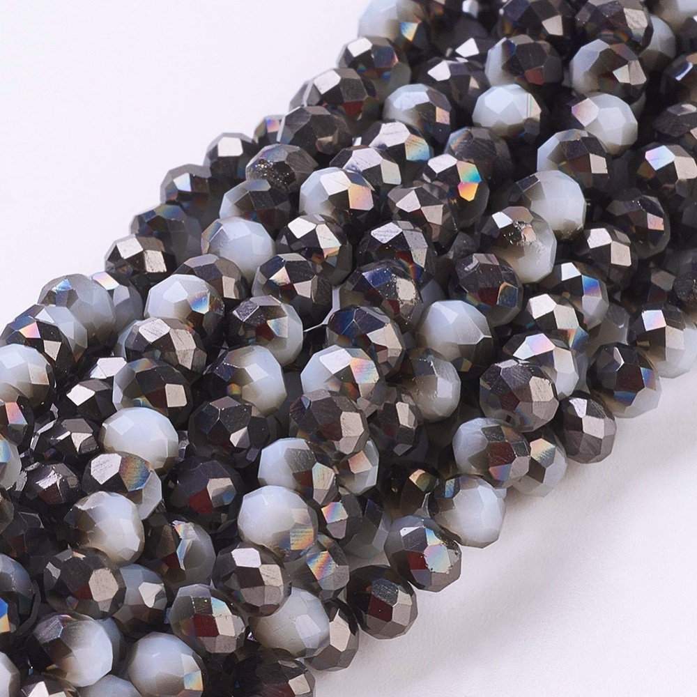 PandaHall Electroplate Glass Faceted Rondelle Beads Strands, Imitation Jade, Half Plated, Black, 4x3mm, Hole: 1mm; about 140pcs/strand...