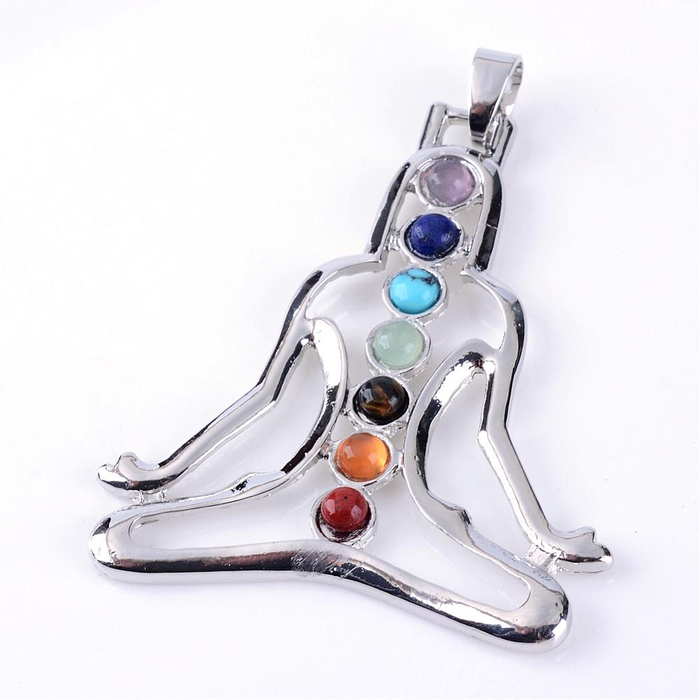 PandaHall Natural & Synthetic Gemstone Big Pendants, with Alloy Findings, Platinum, Chakra Pendants, Human, Colorful, 52x45x3mm, Hole: 4x6mm...