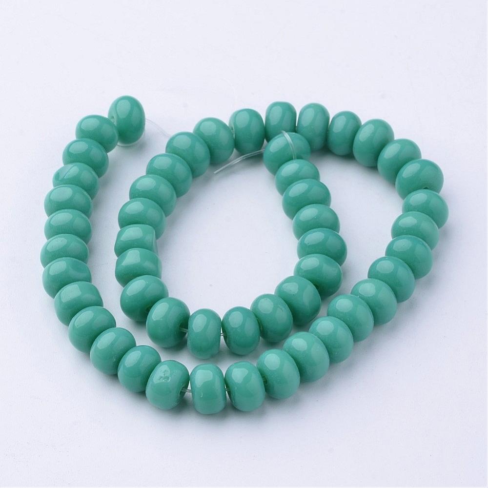 PandaHall Opaque Glass Bead Strands, Rondelle, Dyed, DarkCyan, 8x5mm, Hole: 1mm; about 49pcs/strand, 10" Glass Rondelle Cyan