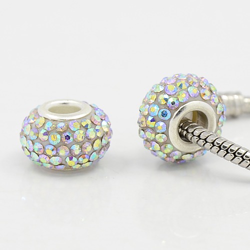 PandaHall Rondelle Shining Grade A Rhinestone European Beads for Hotsale DIY, Large Hole Beads, Resin, with Clear AB, Silver Color Brass...