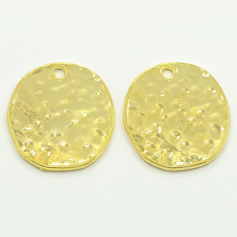 PandaHall Alloy Blank Flat Round Hammered Pendants, Golden, 24x22x1mm, Hole: 2mm Alloy Flat Round