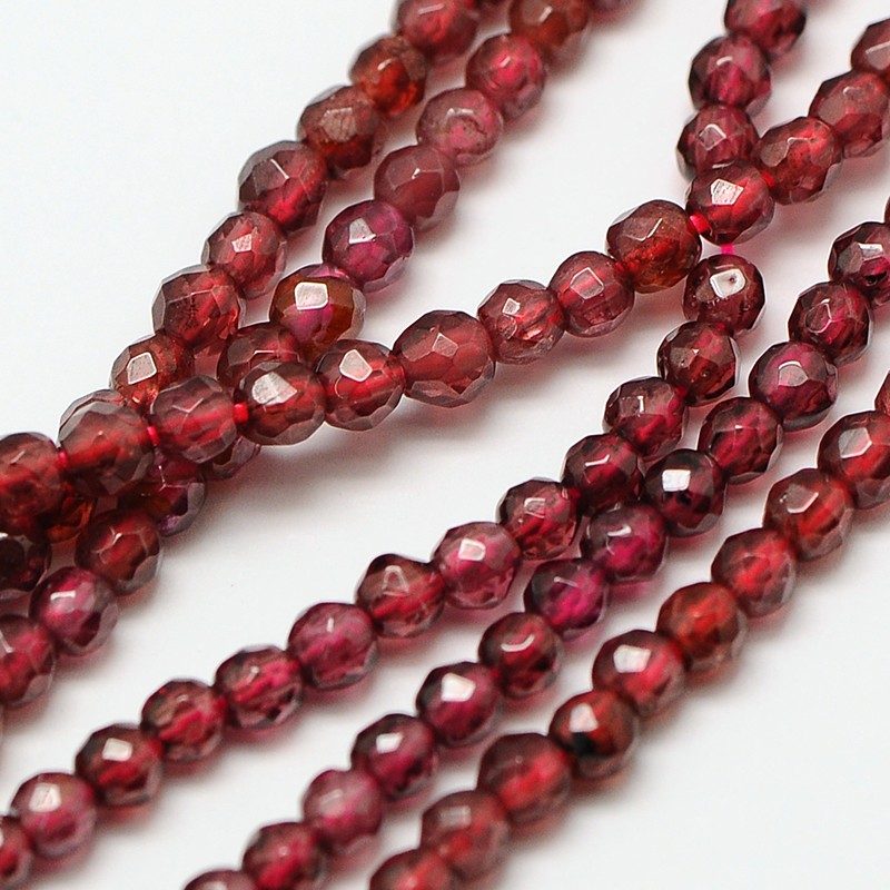 PandaHall Natural Garnet Beads Strands, Faceted Round, 3mm, Hole: 0.8mm; about 136pcs/strand, 16" Garnet Round