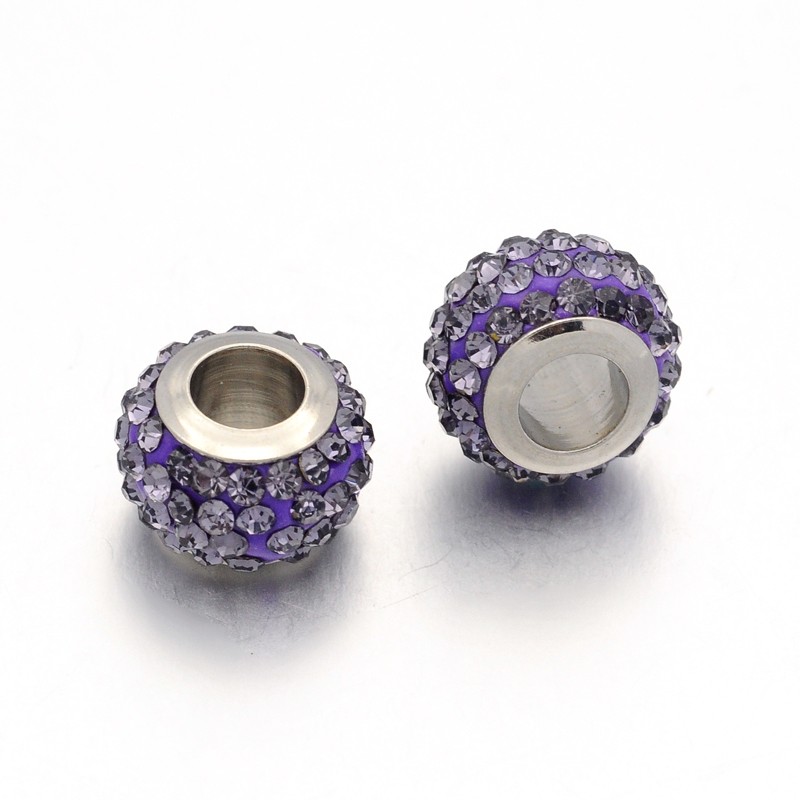 PandaHall Rondelle 304 Stainless Steel Polymer Clay Rhinestone European Beads, Large Hole Beads, Stainless Steel Color Core, Tanzanite...