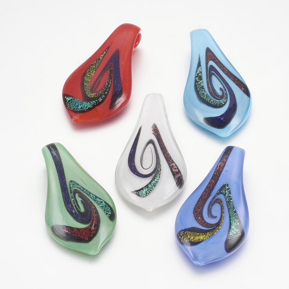 PandaHall Handmade Dichroic Glass Big Pendants, Leaf, Mixed Color, 60x33mm, Hole: 8mm Dichroic Glass Leaf Multicolor