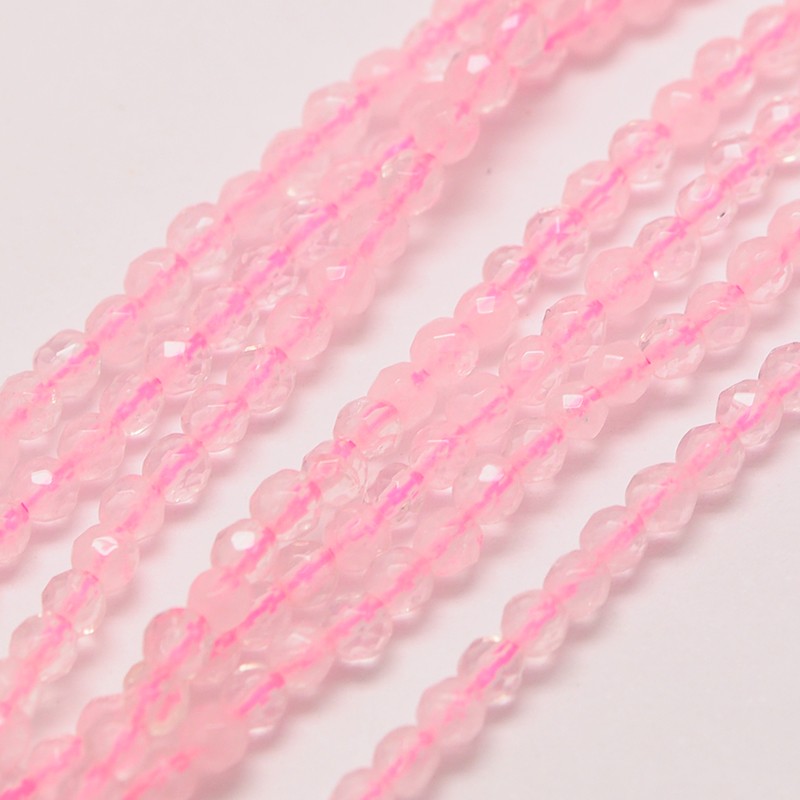 PandaHall Natural Rose Quartz Beads Strands, Faceted Round, 3mm, Hole: 0.8mm; about 136pcs/strand, 16" Rose Quartz Round Pink