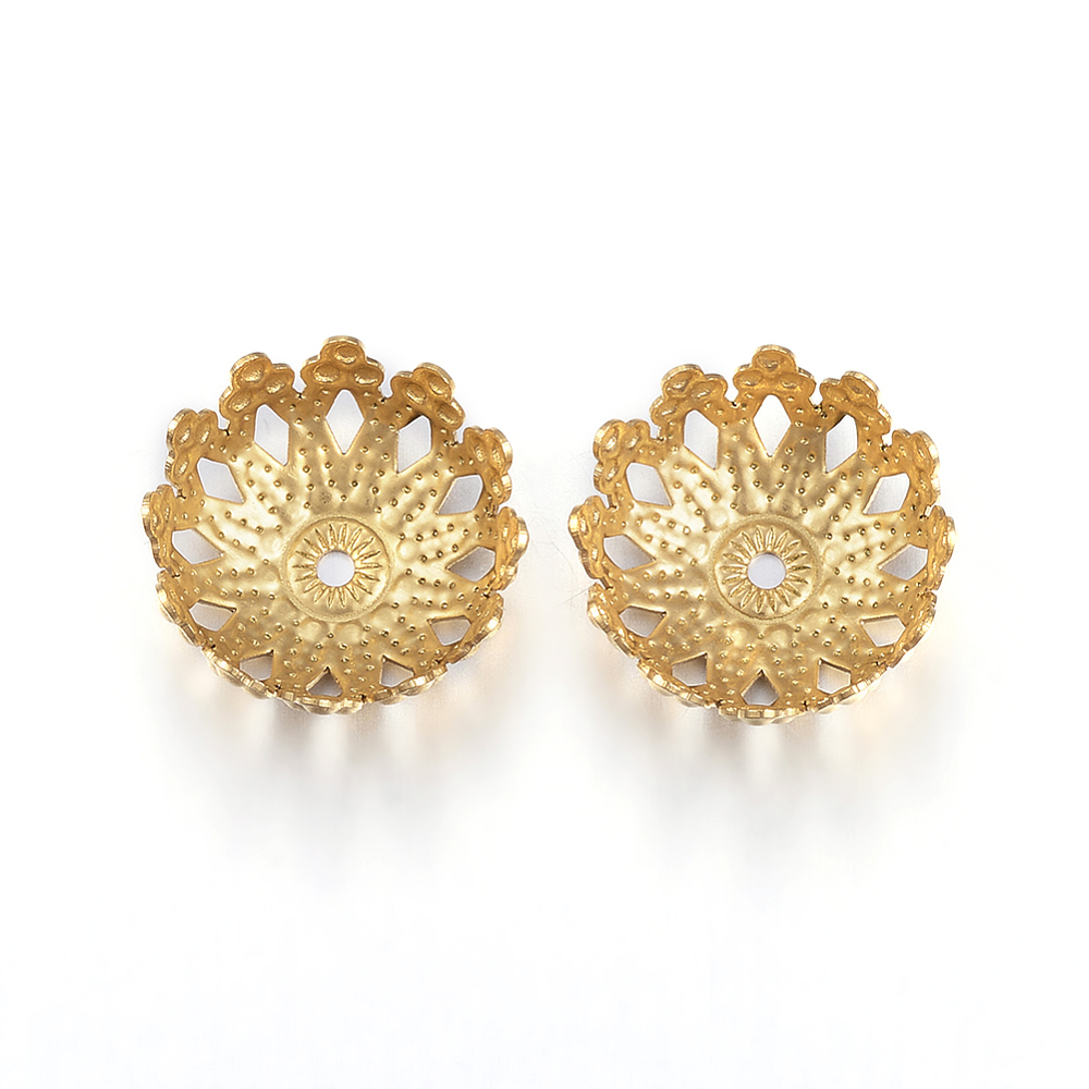 PandaHall 304 Stainless Steel Bead Caps, Flower, More-Petal, Golden, 12x5.5mm, Hole: 1mm Stainless Steel