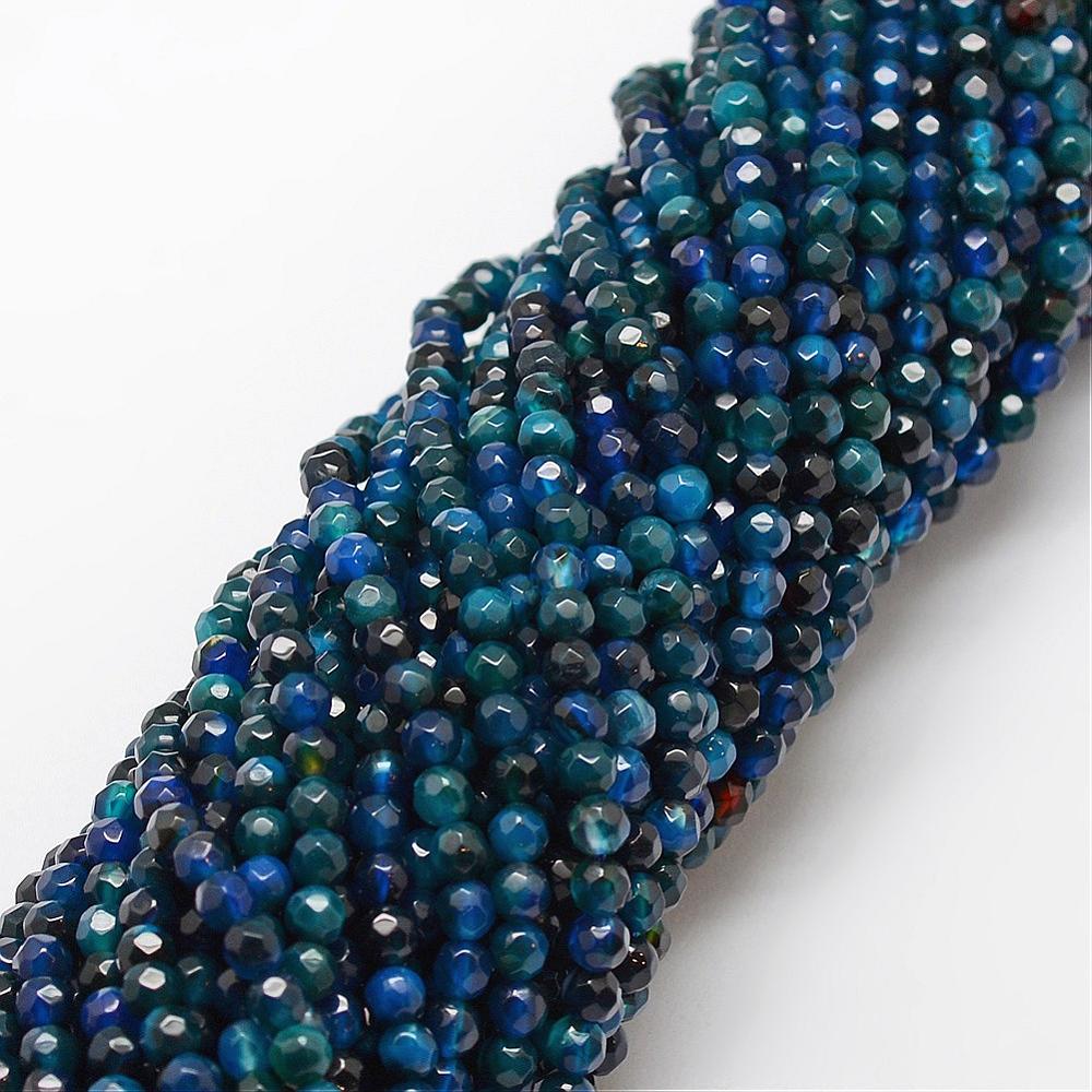 PandaHall Natural Striped Agate/Banded Agate Bead Strands, Dyed, Faceted, Round, MarineBlue, 4mm, Hole: 0.8mm; about 90~92pcs/strand, 14"...