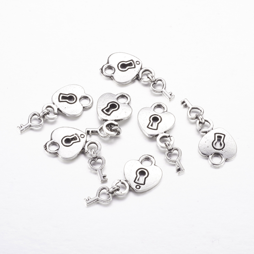 PandaHall Antique Silver Heart and Key Tibetan Style Pendant, Lead Free and Cadmium Free, Heart: 15mm long, 12.5mm wide, 2mm thick, hole...