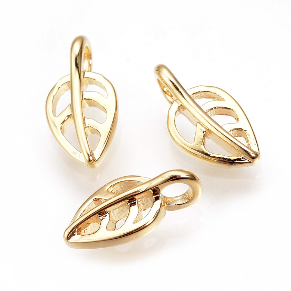 PandaHall Brass Charms, Leaf, Real Gold Plated, 11x5.5x2mm, Hole: 2mm Brass Leaf