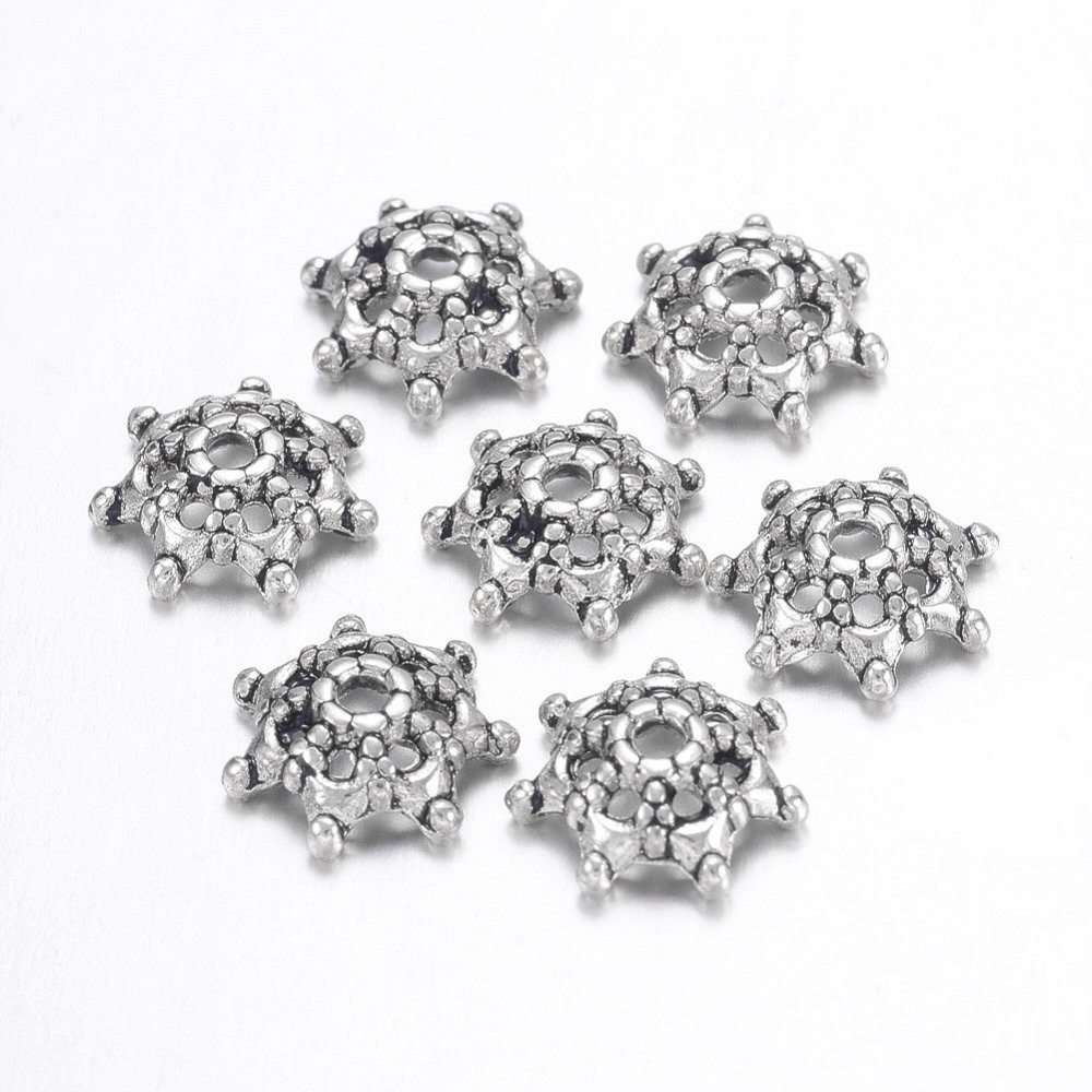 PandaHall Antique Silver Tibetan Silver Flower Bead Caps, Lead Free & Cadmium Free, about 9mm in diameter, 3mm thick, hole: 1.5mm Alloy