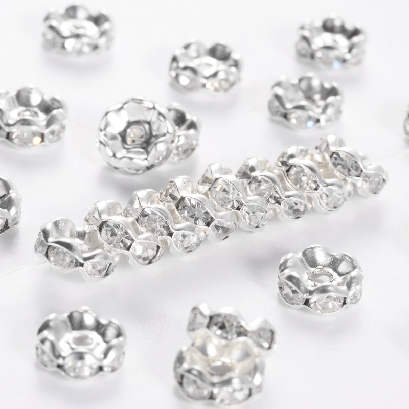 PandaHall Flat Round Brass Grade A Rhinestone Spacers Beads, Silver, Crystal, 8x3mm, Hole: 2mm Brass+Rhinestone Flat Round