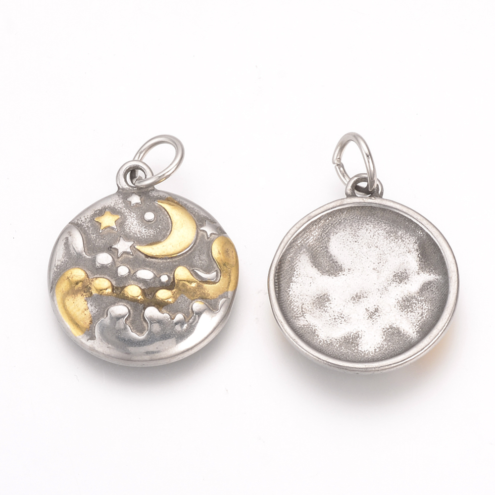 PandaHall 316 Stainless Steel Pendants, Flat Round, Carved Pattern, Antique Silver & Golden, 23x20x3mm, Hole: 5mm Stainless Steel Flat Round