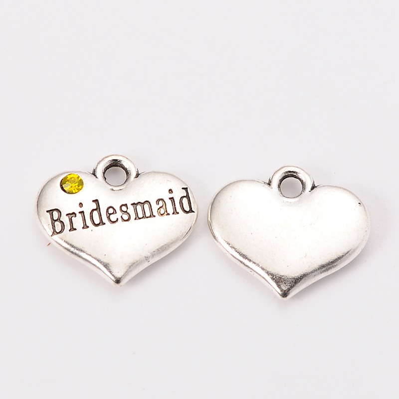 PandaHall Wedding Theme Antique Silver Tone Tibetan Style Heart with Bridesmaid Rhinestone Charms, Citrine, 14x16x3mm, Hole: 2mm Alloy Heart