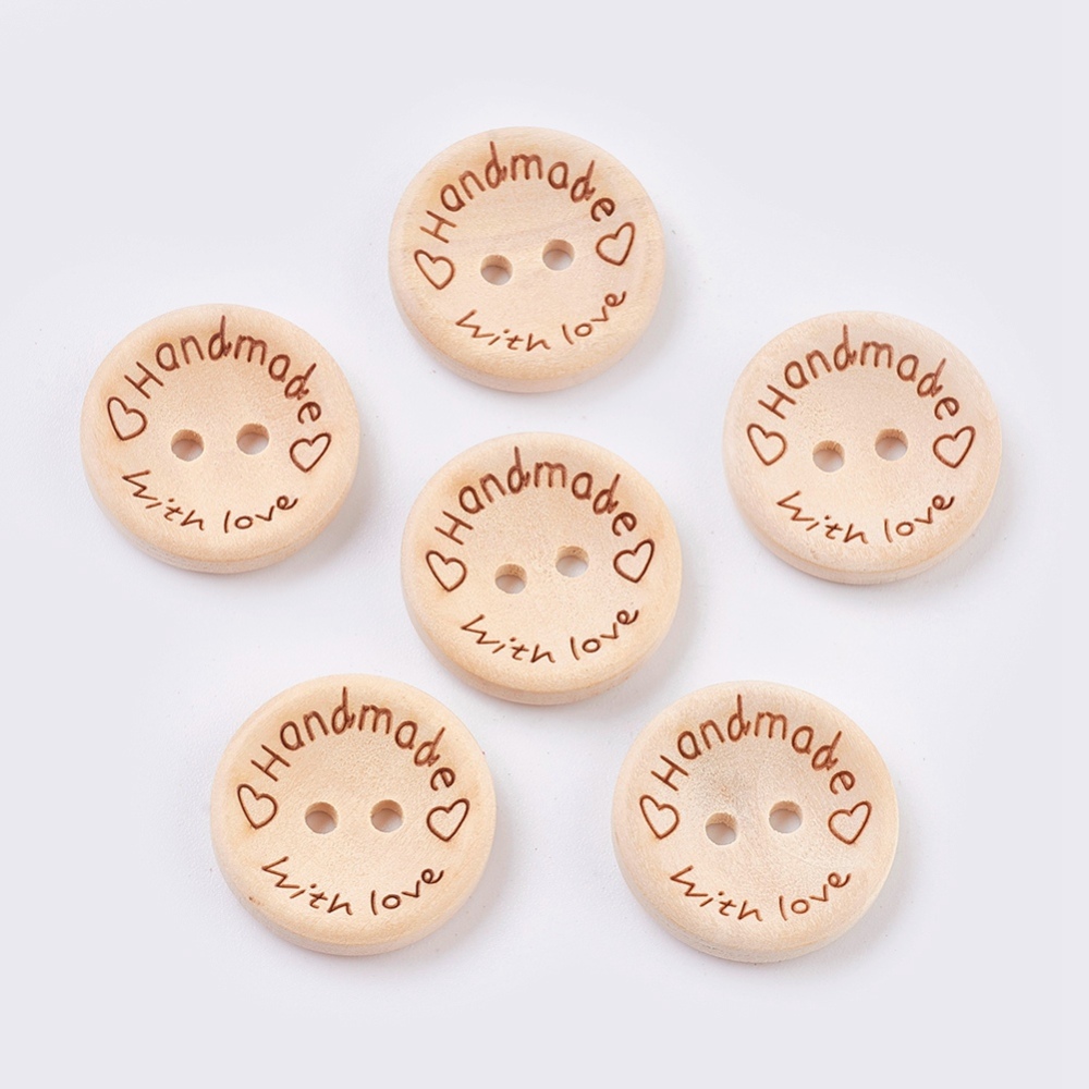 PandaHall Wooden Buttons, 2-Hole, with Word, Flat Round with Word Handmade with Love, BlanchedAlmond, 25x4mm, Hole: 2.5mm Wood Flat Round...