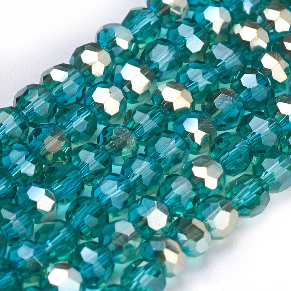 PandaHall Electroplate Glass Beads Strands, Half Plated, Faceted Round, MediumTurquoise, 3mm, Hole: 1mm; about 100pcs/strand, 11.5" Round...