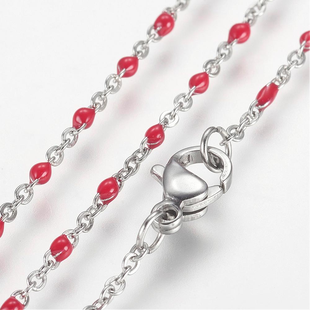 PandaHall 304 Stainless Steel Chain Necklaces, with Enamel Links, Platinum, Red, 17.91"(45.5cm); 1.5~2mm Stainless Steel Red