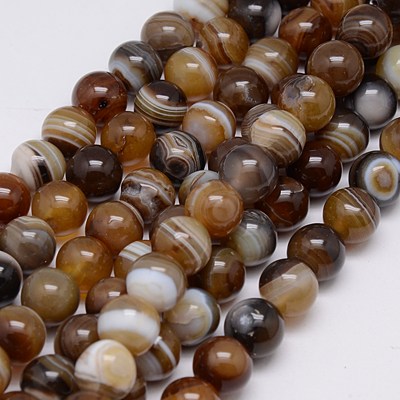 PandaHall Natural Striped Agate/Banded Agate Beads Strands, Dyed, Round, Camel, 10mm, Hole: 1.2mm; about 38pcs/strand, 15.75" Banded Agate...