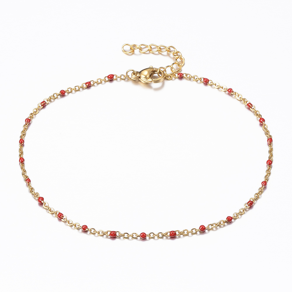 PandaHall 304 Stainless Steel Cable Chain Anklets, with Enamel Links, Golden, Red, 9"(23cm); 1.5~2mm Stainless Steel Red