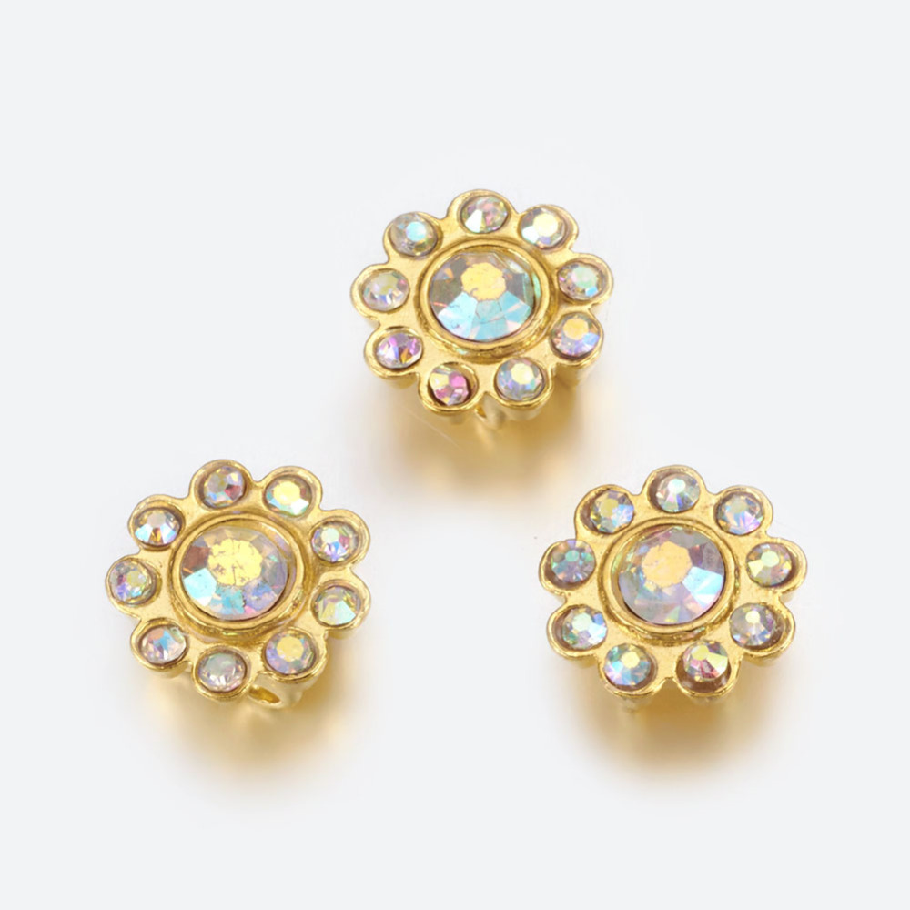 PandaHall Alloy Multi-Strand Rhinestone Links, Grade A, Flower, Golden, Crystal AB, 12x8mm, Hole: 2mm Alloy+Rhinestone Oval