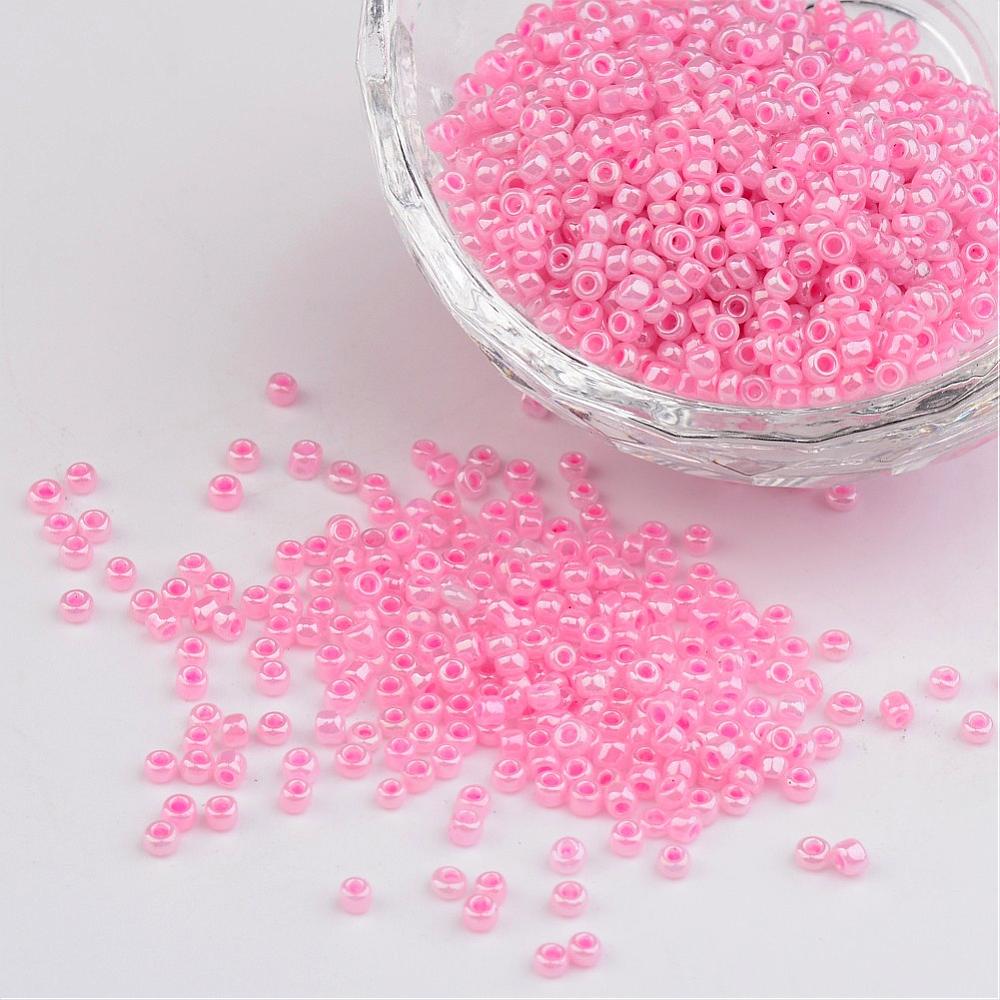 PandaHall 12/0 Ceylon Round Glass Seed Beads, Pink, Size: about 2mm in diameter, hole:1mm, about 3303pcs/50g Glass Pink
