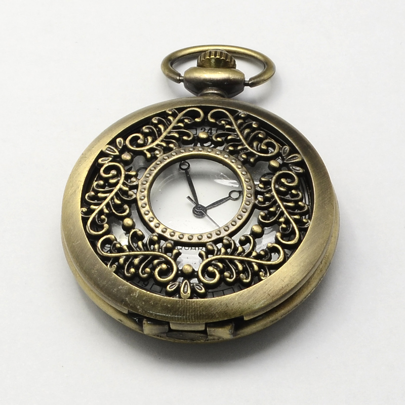 PandaHall Vintage Hollow Flat Round Zinc Alloy Quartz Watch Heads for Pocket Watch Pendant Necklace Making, Antique Bronze, 59x46x14mm, Hole...