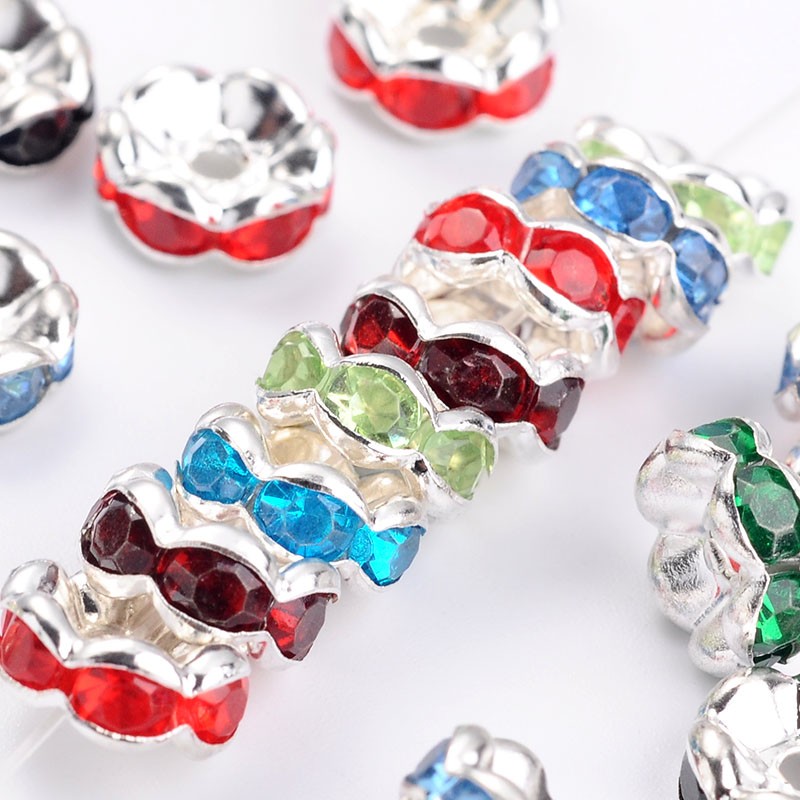 PandaHall Brass Acrylic Rhinestone Spacer Beads, Wavy Edge, Silver Metal Color, Rondelle, Mixed Color, 8x3.8mm, Hole: 1mm Brass+Acrylic...