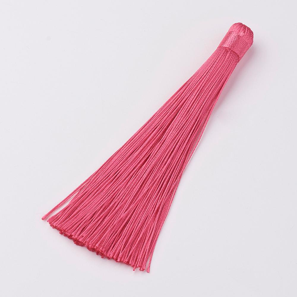 PandaHall Nylon Tassels Big Pendant Decorations, PaleVioletRed, 120x10mm, Hole: 5mm Nylon Pink