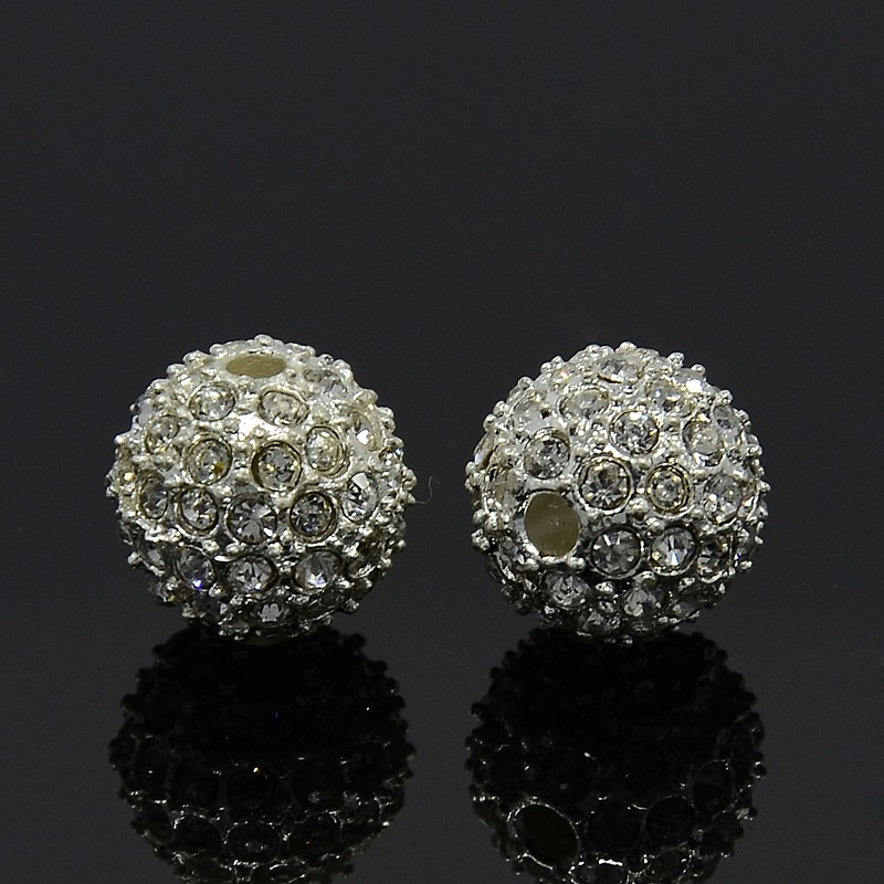 PandaHall Alloy Rhinestone Beads, Grade A, Round, Silver Metal Color, Crystal, 12mm, Hole: 2mm Alloy+Rhinestone Round