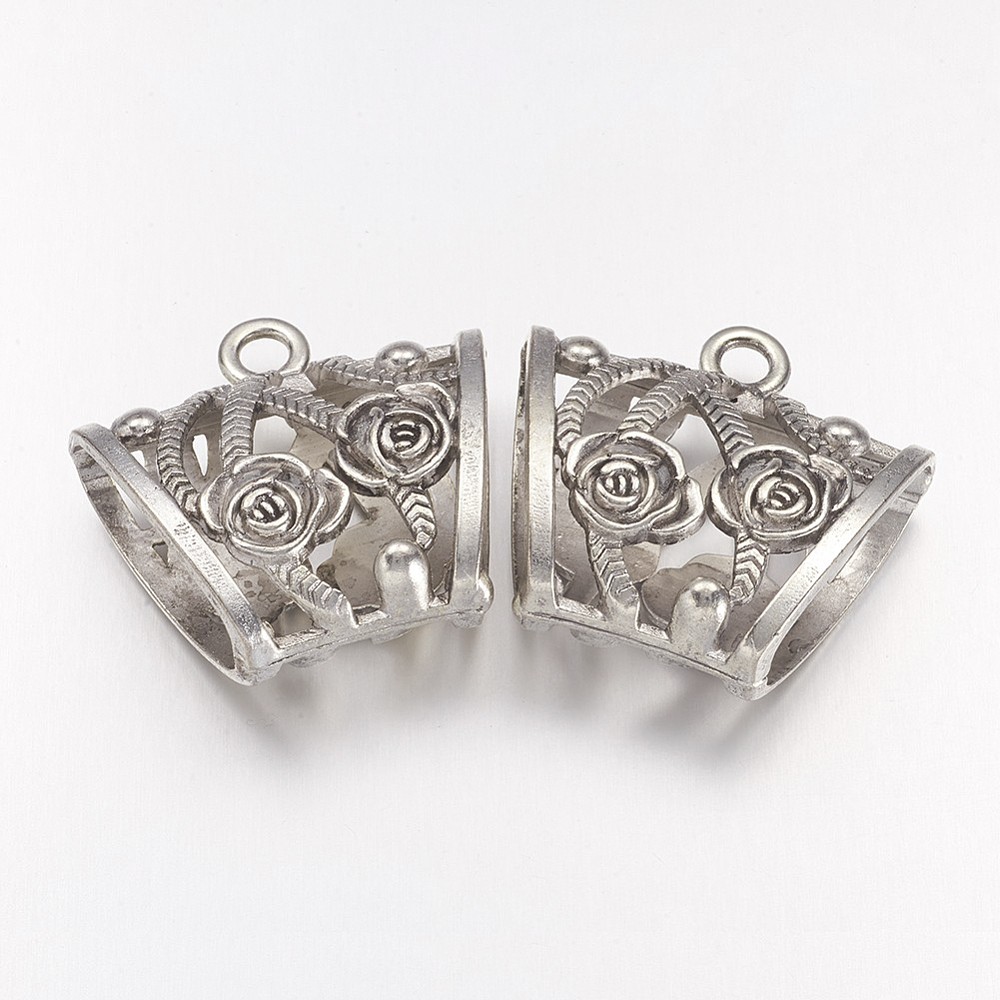 PandaHall Antique Silver Tibetan Style Hangers, Scarf Bail Beads, Lead Free & Cadmium Free, Tube with Flower, 39x37x16mm, inner diameter...
