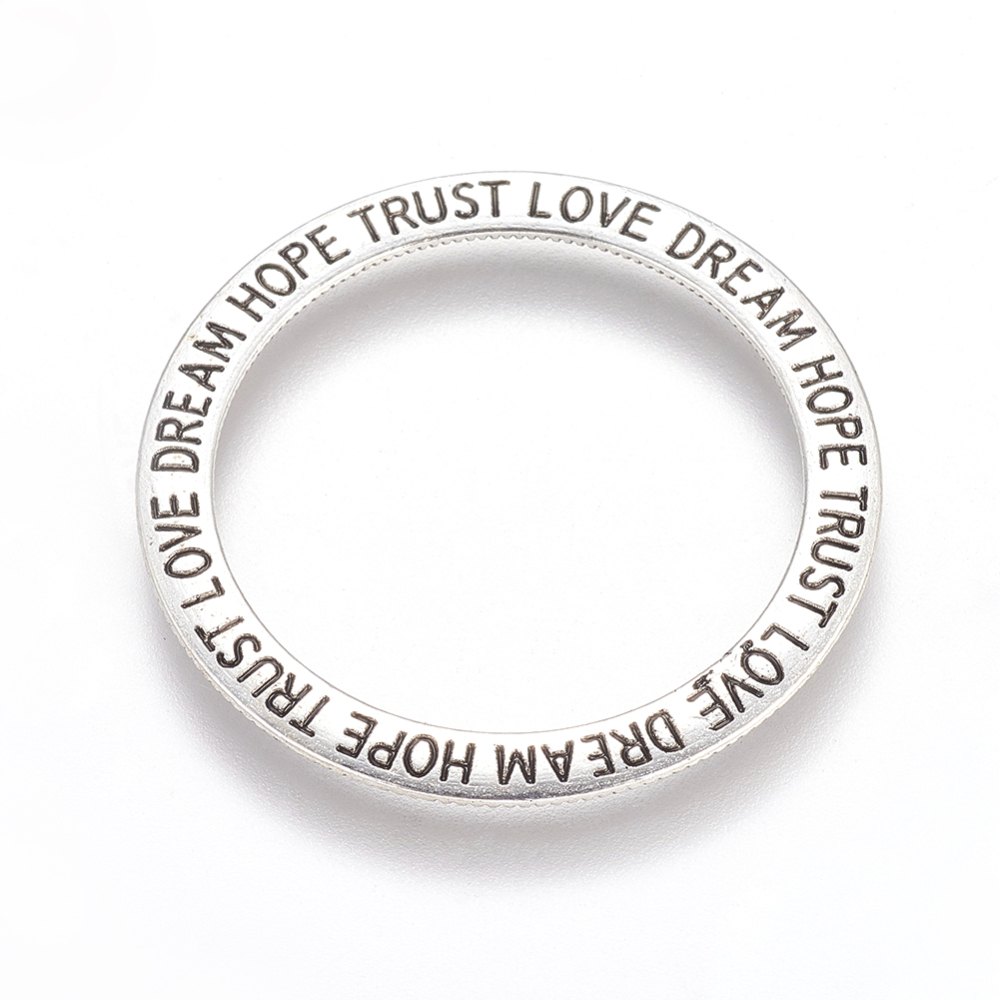 PandaHall Affirmation Rings Tibetan Style Linking Rings, Circle Frames, Lead Free, with Word, Antique Silver, 35x2mm Alloy Ring