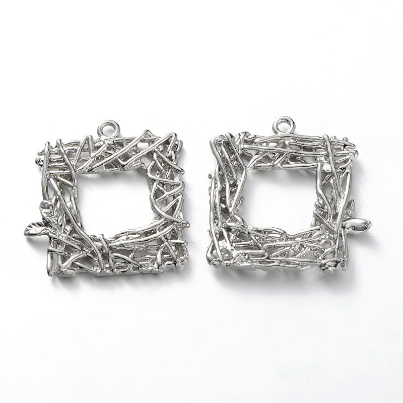 PandaHall Brass Pendants, Hollow, Lead Free & Nickel Free, Square, Platinum, 20x20x2.5mm, Hole: 1.5mm Brass Square