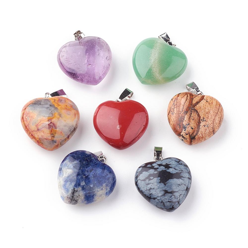 PandaHall Natural Gemstone Pendants, with Platinum Tone Alloy Findings, Heart, 22~23x20~21x9~10mm, Hole: 2.5x5.5mm Mixed Stone Heart
