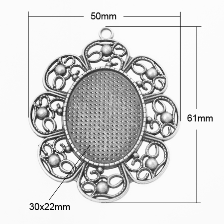 PandaHall Alloy Pendant Cabochon Settings, Lead Free, Oval, Antique Silver, 61x50x2mm, Hole: 4mm; Tray: 30x22mm Alloy Oval