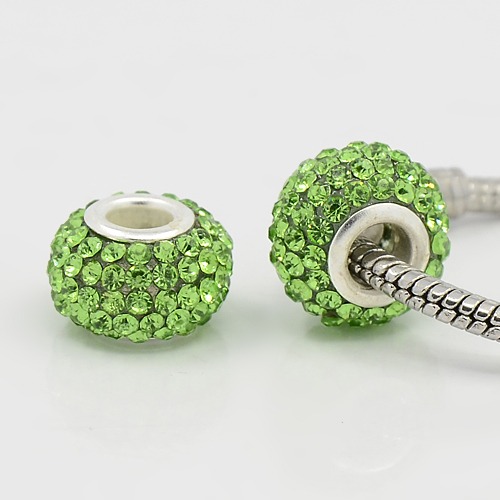 PandaHall Grade A Rhinestone European Beads, Large Hole Beads, Resin, with Silver Color Brass Core, Rondelle, Peridot, 12x8mm, Hole: 4mm...