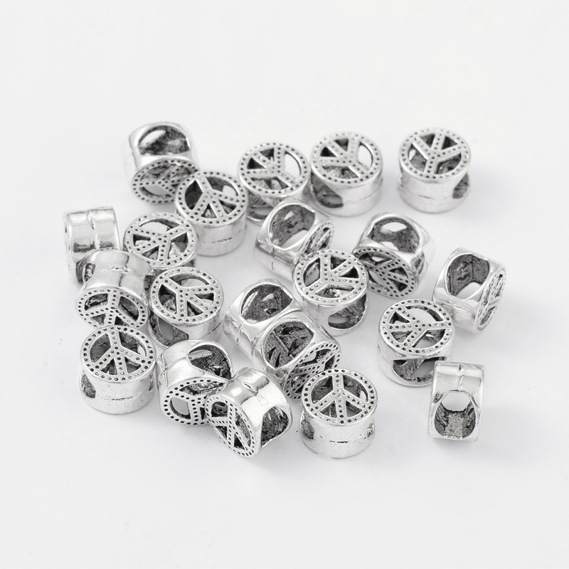 PandaHall Tibetan Style European Beads, Lead Free & Cadmium Free, Large Hole Beads, Flat Round and Peace Sign, Antique Silver, 10x7mm, Hole...